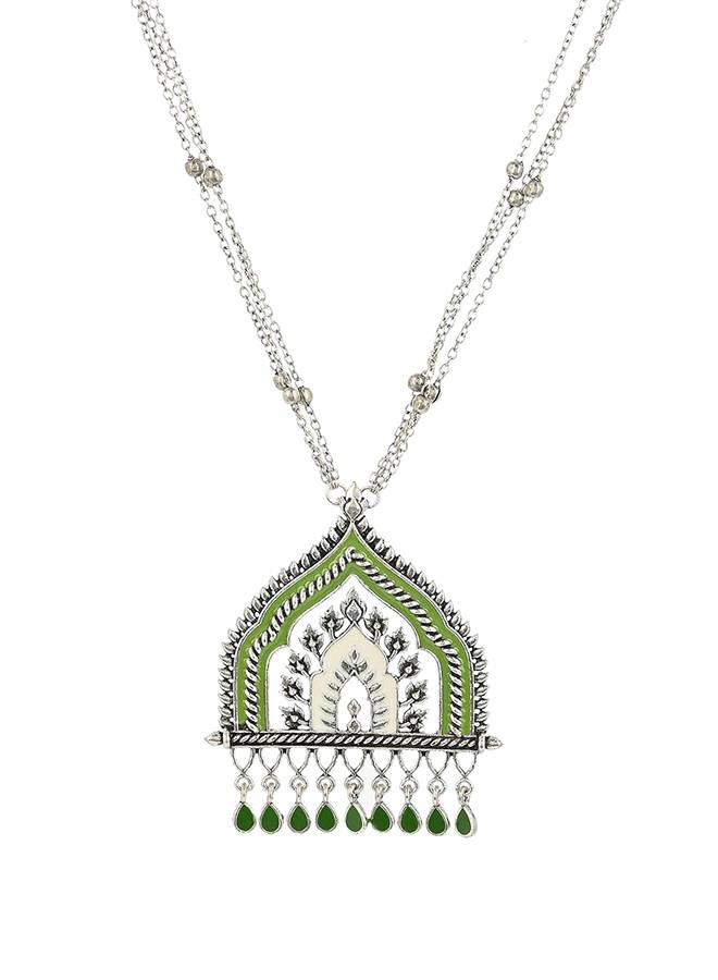 Festive Hues Green Gems Adorned Enamelled Silver Plated Jewellery Set : 8905124458954