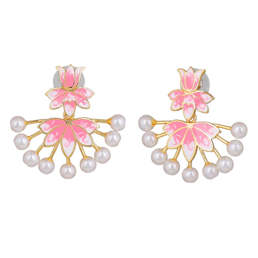 Estele Gold Plated Lotus Designer Pearl Drop Earrings With Pink Enamel For Girl'S & Women. : 799710-IGER
