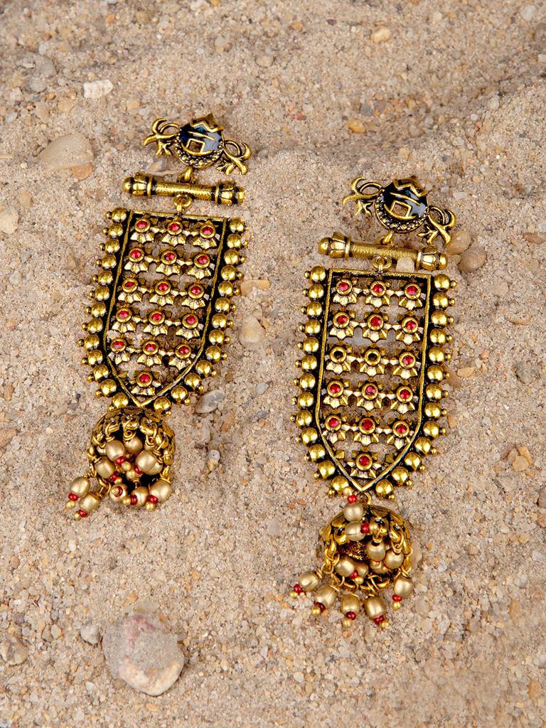 Arabian Nights Antique Traditional Golden Brass Earrings : 8905124424454
