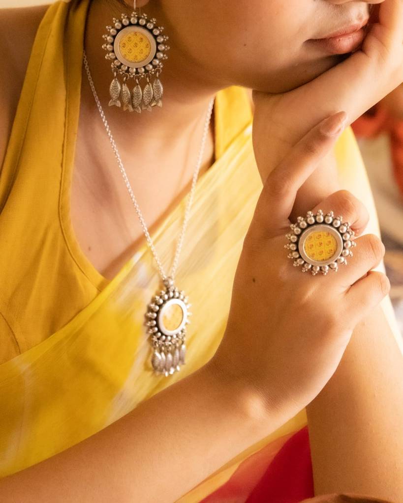Mizoya Handpainted Fish Drop Necklace Earring Ring Set : SN4112