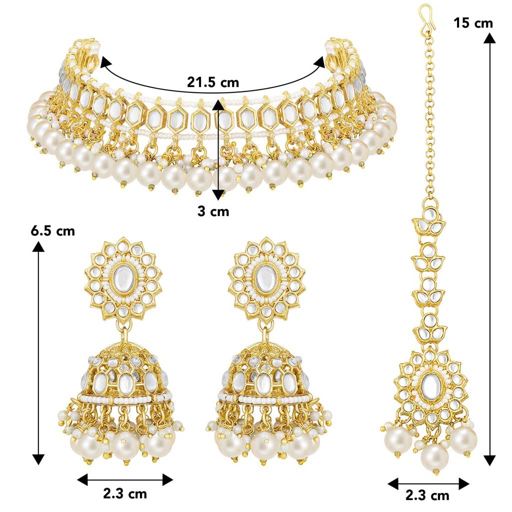 Gold Plated White Beads & Kundan Studded Necklace Choker With Jhumka Earrings & Maangtikka Jewellery Set For Women : PF26N024W