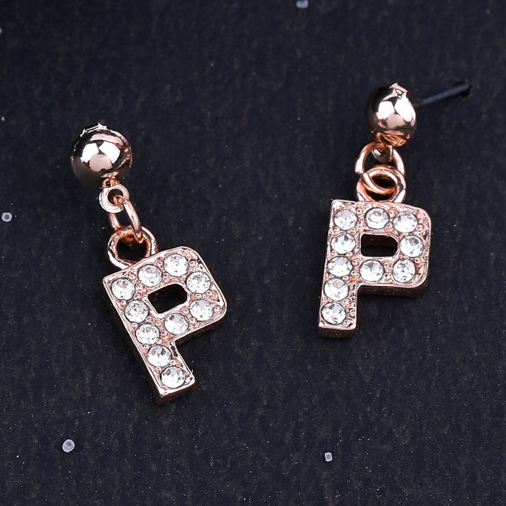 Estele Rosegold Plated Magnificent Medium 'P' Letter Earrings With Crystals For Women : 801701-RG-PER