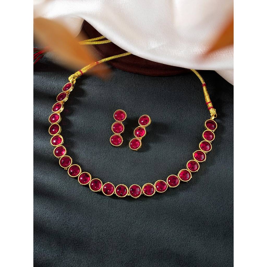 Gold Plated Choker Necklace With Drop Earrings Traditional Jewellery Set For Women Girls-Pf04N3392 : PF04N3392R