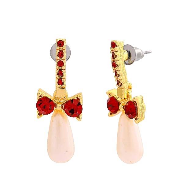Stylish Red Stone Bow Design Pearl Drop Earrings For Women : 5010114-IG-RDER