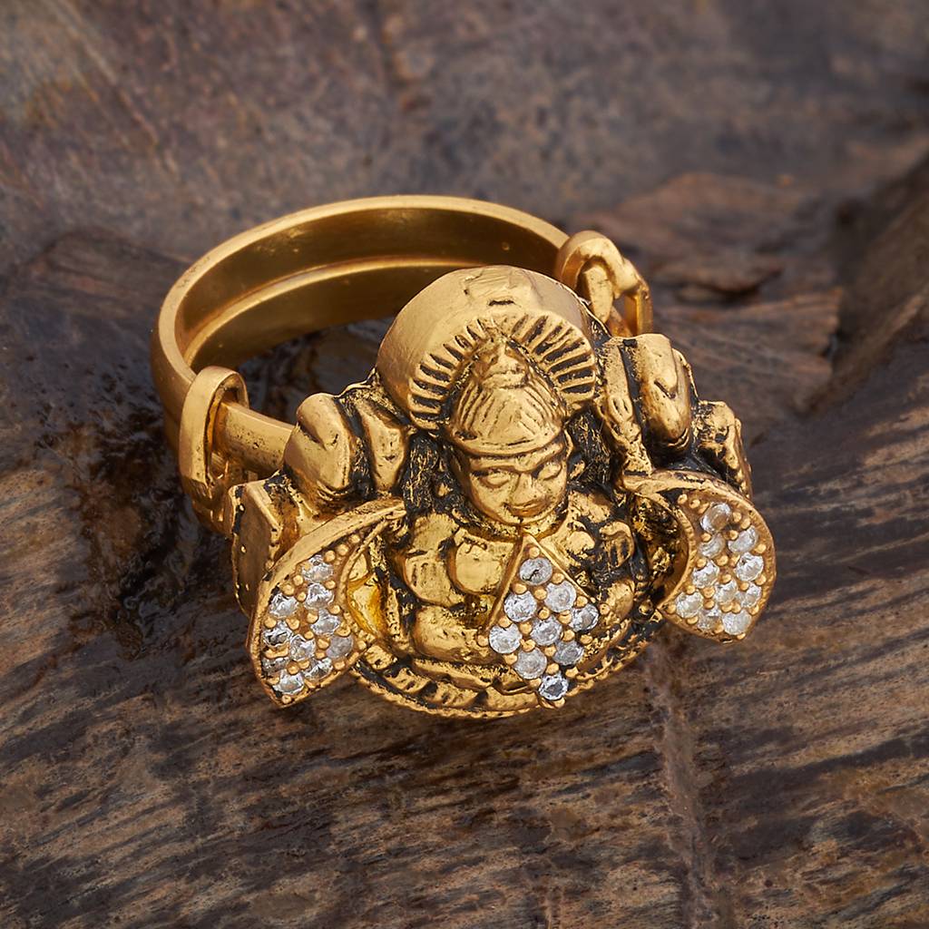 Kushal'S Fashion Jewellery White Stone-Studded Gold-Plated Pure Silver Temple Finger Ring : 426667