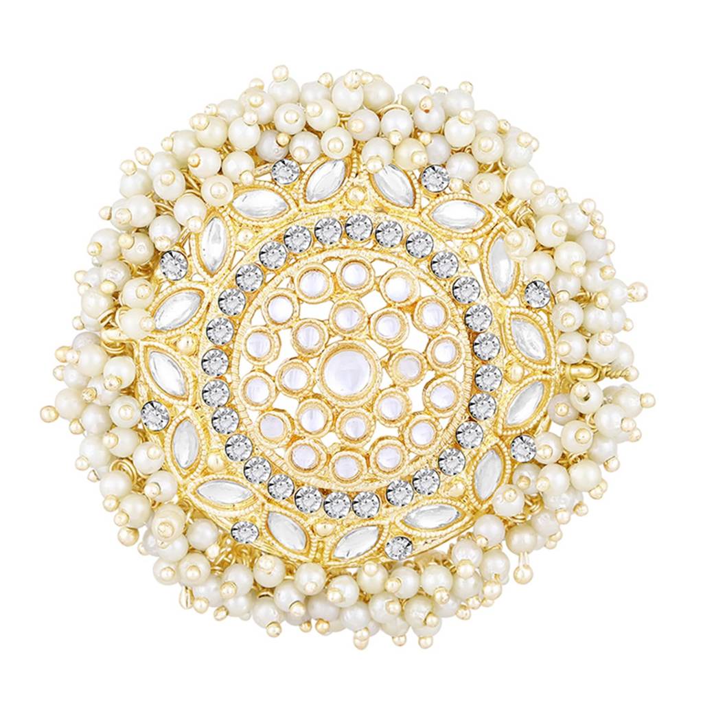Gold Plated Kundan & Beads Studded Round Hair Bun Pin Fashion Head Accessories For Women & Girls (1 Pc) : PF09HJ019W