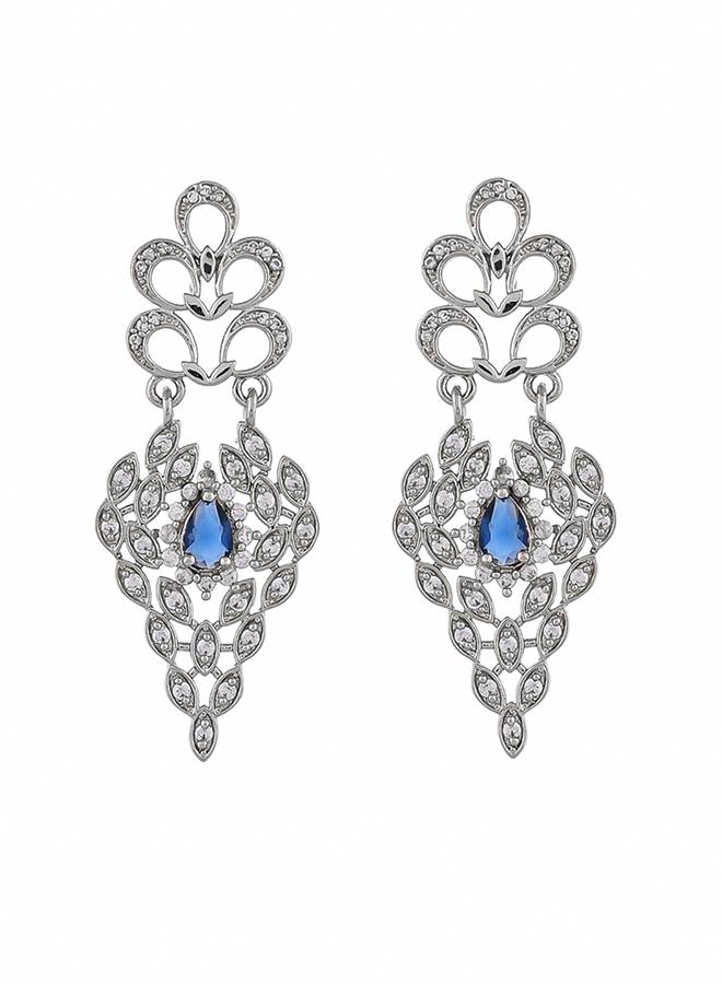Peacock Royal Blue And White Cz Cutwork Design Waterfall Jewellery Set : 8905124514759
