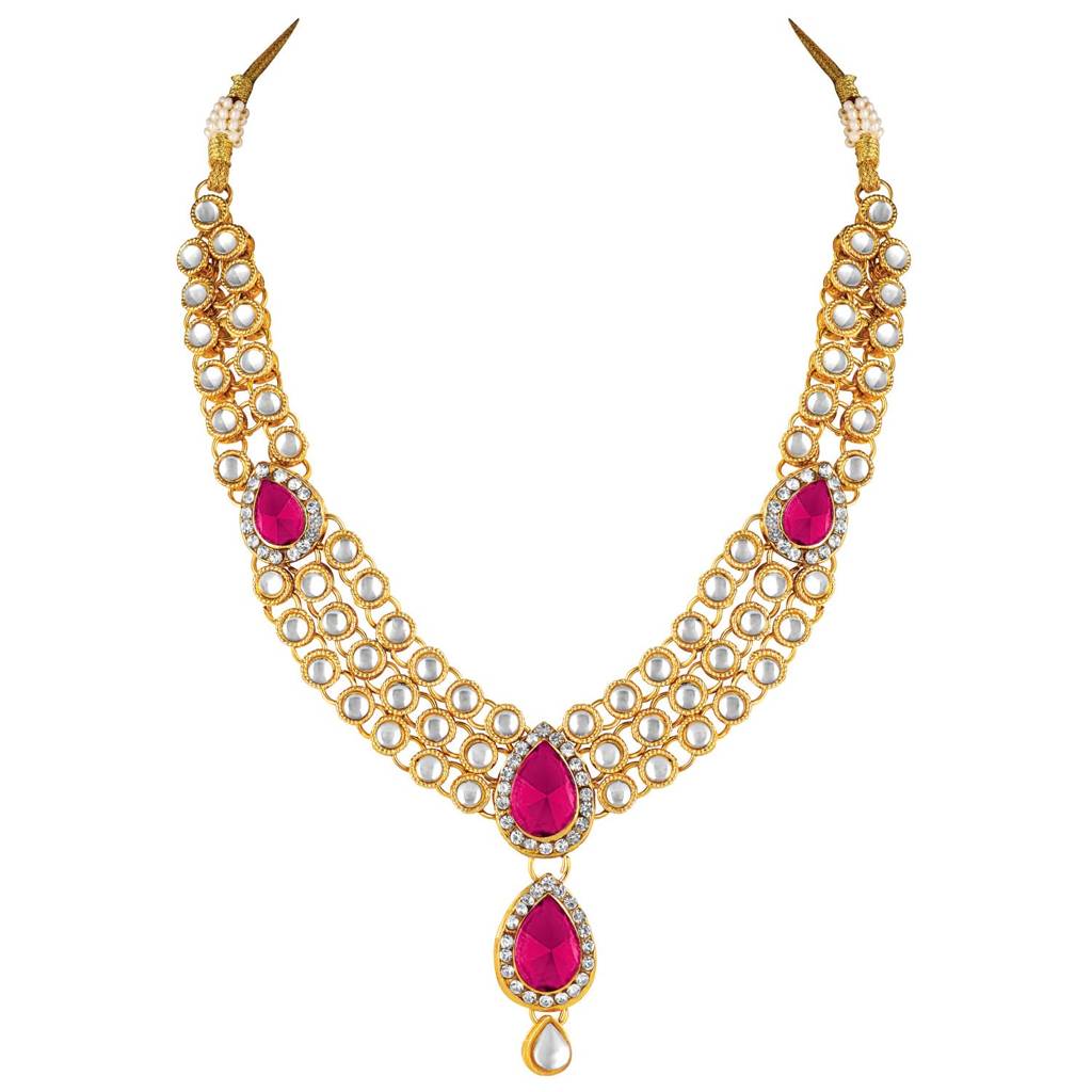 Gold Plated Traditional Rani Pink Kundan Necklace Earring Maang Tikka Jewellery Set For Women : PF25N009RP