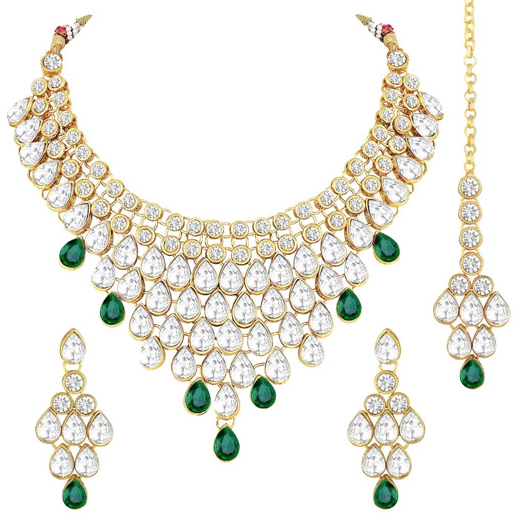 Gold-Plated Brass And Kundan Jewellery Set With Earrings Mang Tika For Women & Girls-Pf25Brc002 : PF25BRC002G