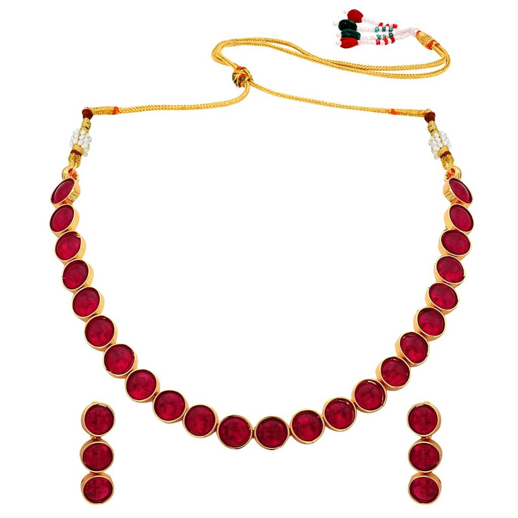 Gold Plated Choker Necklace With Drop Earrings Traditional Jewellery Set For Women Girls-Pf04N3392 : PF04N3392R