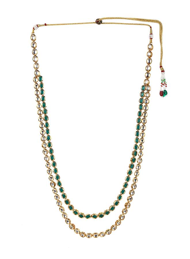 Kundan Gold Plated Long Necklace Set With Green Stones : 8905124438055