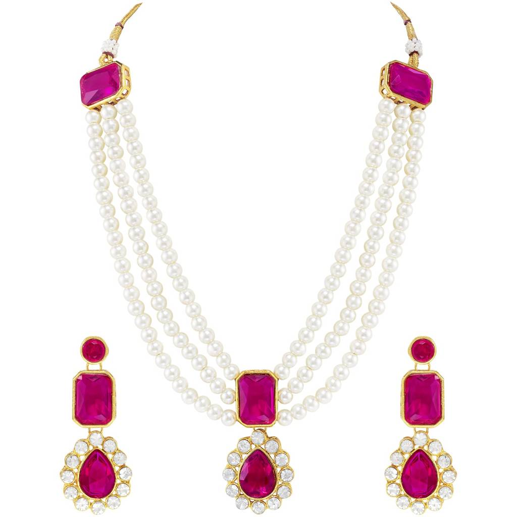 Gold Plated Rani Pink Kundan Long Necklace Earring Indian Traditional Jewellery Set For Women : PF24N31RP