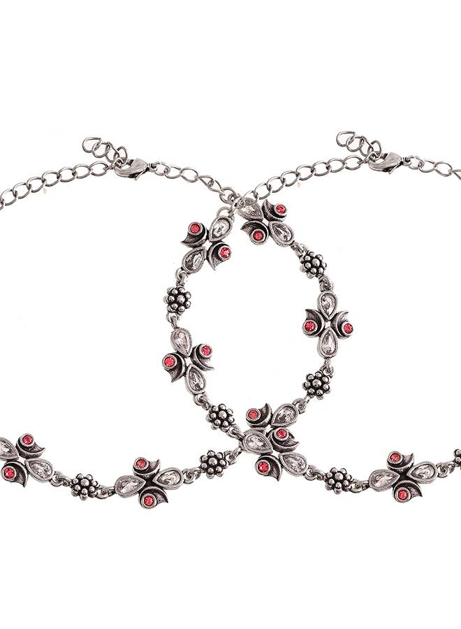 Abharan Silver Plated Pink And White Stones Anklets : 8905124493375