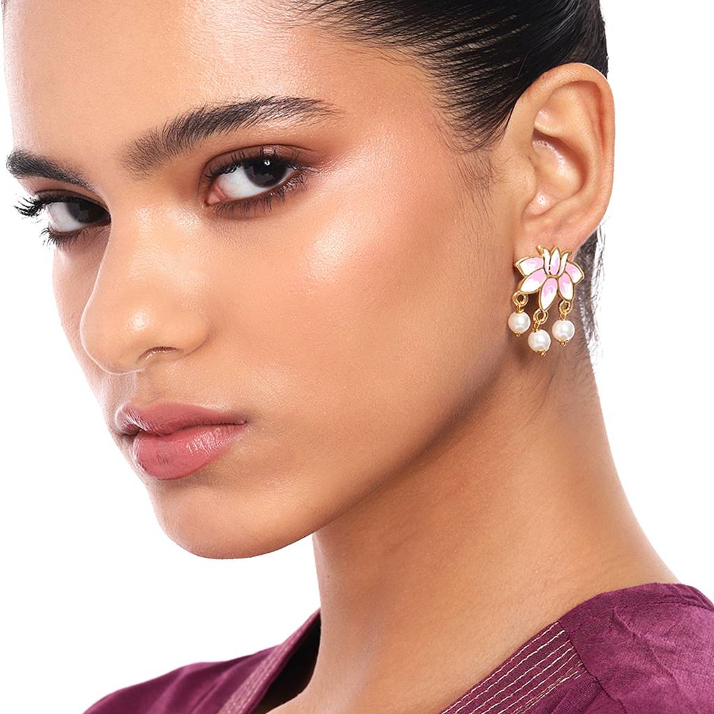 Estele Gold Plated Lotus Designer Pretty Pearl Drop Earrings With Pink Enamel For Girl'S & Women : 799703-IGER