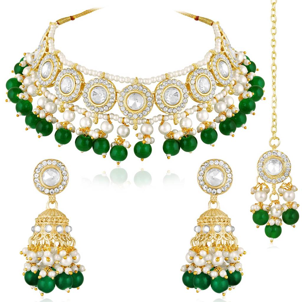 Gold Plated Green Kundan & Beads Studded Necklace Jhumki Earrings Maangtikka Set Ethnic Jewellery Gift For Women  : PF103N20WG