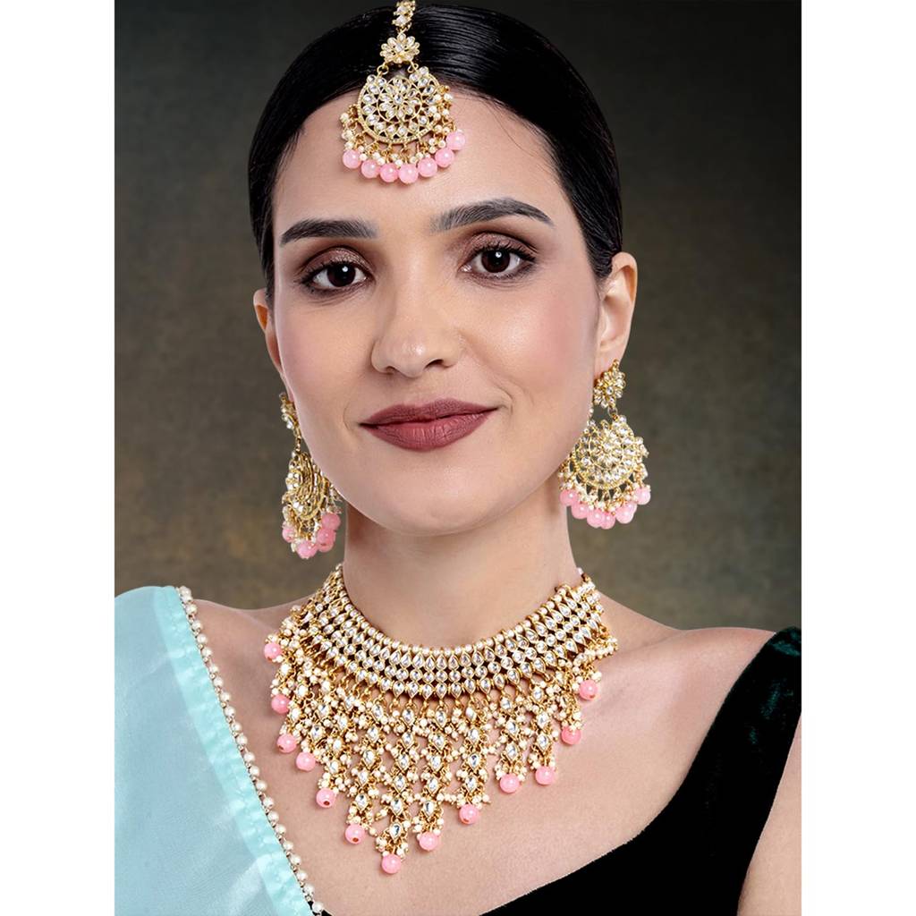 Traditional Kundan & Pearl Drop Bridal Dulhan Necklace Earring With Maang Tikka Jewellery Set For Women Girls-Pf : PF25N1177PK
