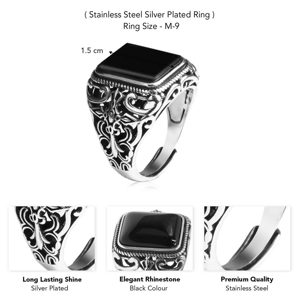 Silver Plated Black Stone Studded Adjustable Finger Ring Stylish Fashion Jewellery Gift For Men Boys : PX9R86