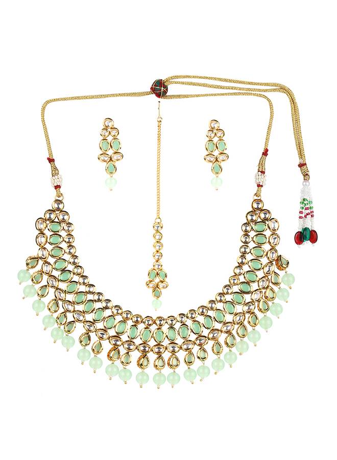 Kundan Gold Plated Mint Green Tumble Beads Necklace Set : 8905124438048