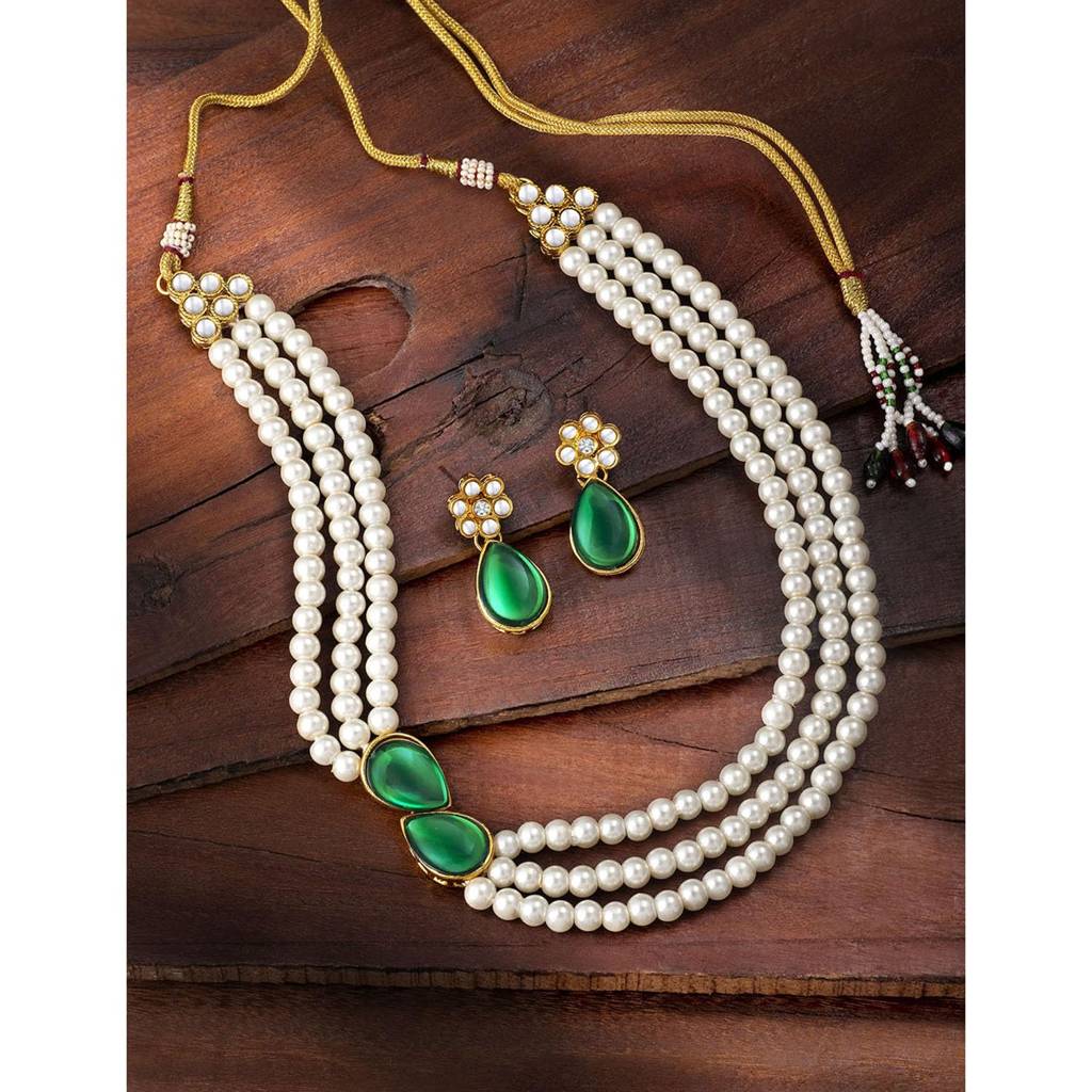 Pearl Mala Necklace & Earrings For Women Girls Traditional Ethnic Jewellery Set-Pf26N1145 : PF26N1145G