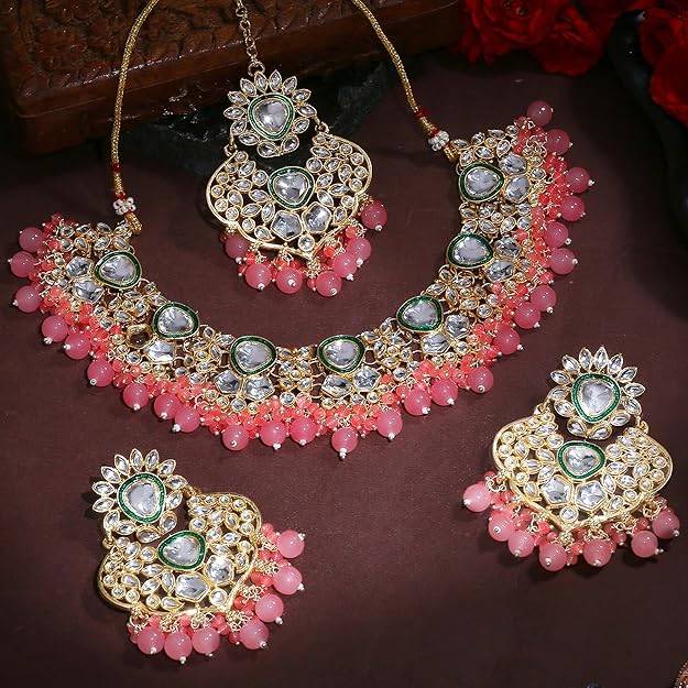 Estele Gold Plated Glittering Gehena Necklace Set & Maang Tikka With Mint Pink Beads For Women : PJ-038-IGMPNKERTK