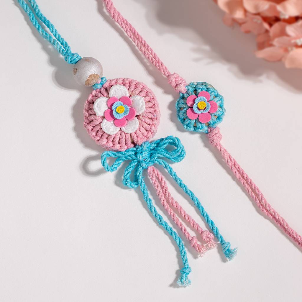Eternz Certified Jewellery - Voylla Handwoven Floral Crochet Bhaiya Bhabhi Rakhi Set