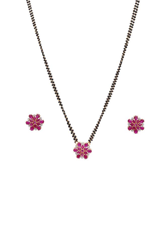 Black & Gold-Toned Stone-Studded Mangalsutra, Earrings And Ring Set : 8905124464191