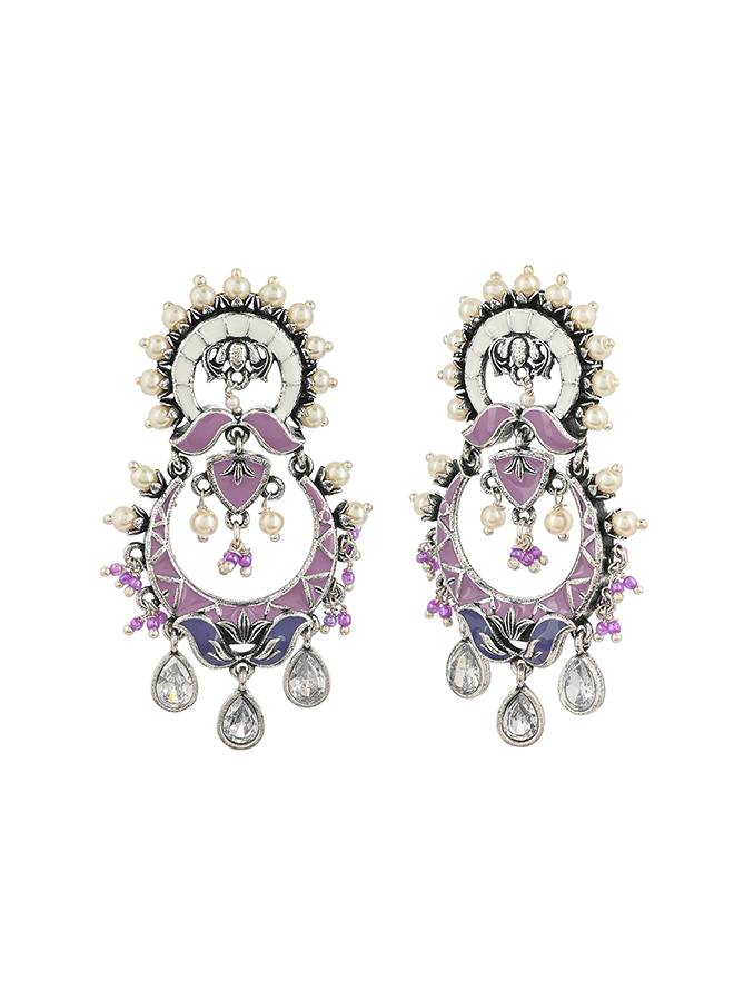 Shwet Kamal Floral Motifs Faux Pearls And Kundan Adorned Silver Plated Earrings : 8905124464474