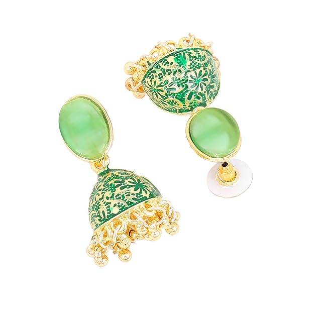 Estele Gold Plated Traditional Gehena Jhumka Earrings With Green Enamel For Women : PJ-002-IGGNER