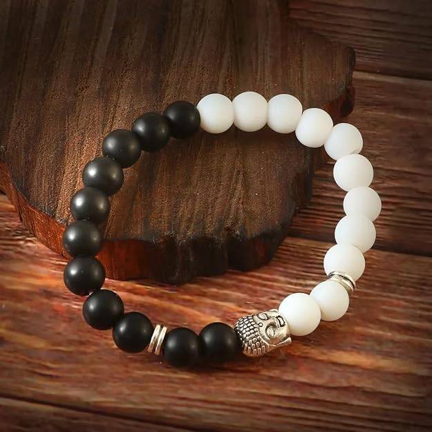 Gehena By Estele Elegant Dual-Tone Black & White Matte Beaded Bracelet: Stretchable Wristband With Silver B : OSAK012-IRWEBKBR