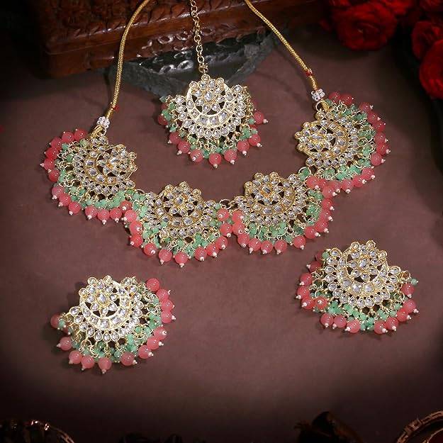 Estele Gold Plated Floral Gehena Necklace Set & Maang Tikka With Mint Pink Beads For Women : PJ-035-IGMGMPNKERTK