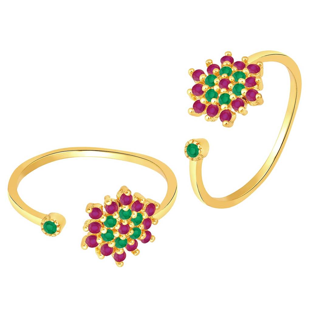 Gold Plated Rani Pink Green Cubic Zirconia Studded Stylish Toe Ring Adjustable Bichiya Fashion Jewellery Gift Fo : PF30TR18RPG