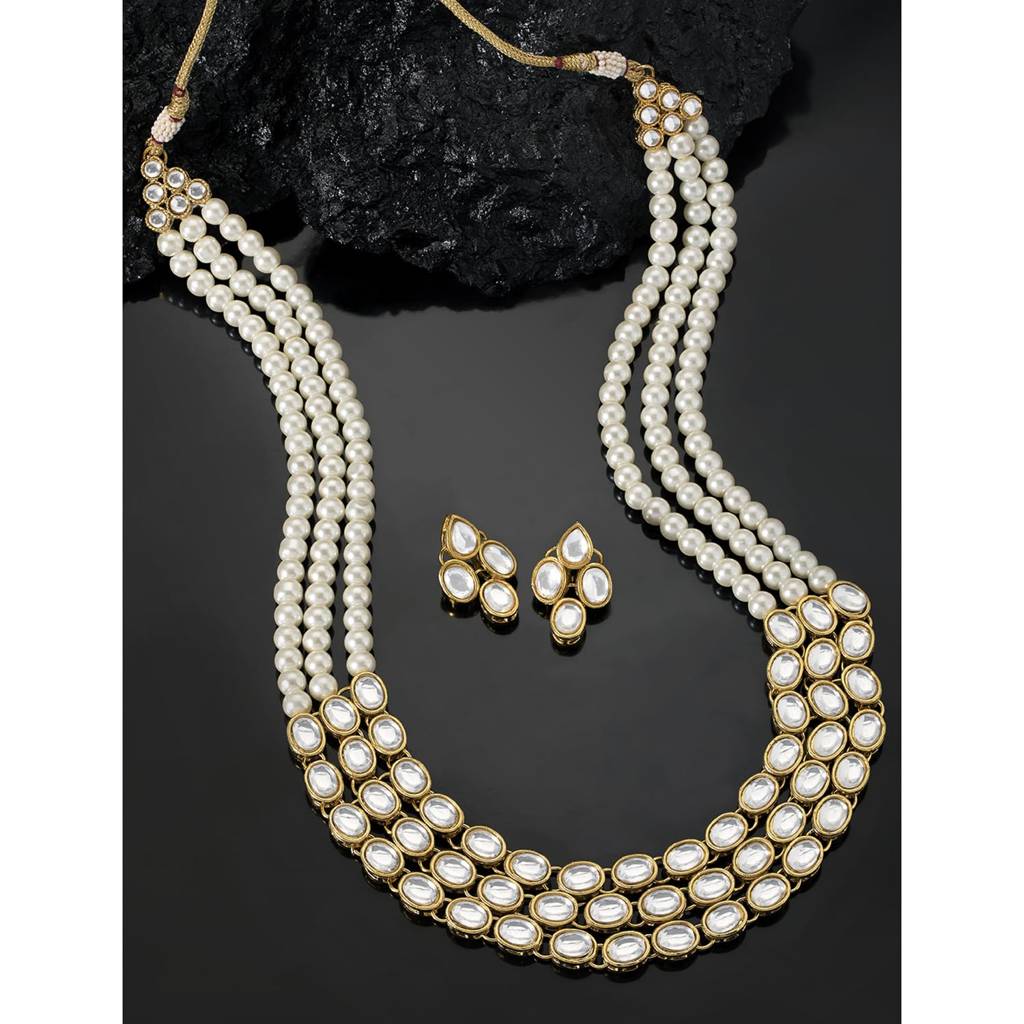 Gold Plated Traditional Kundan Long Necklace Jewellery Set With Earring Gift For Women Girls-Pf26N1171 : PF26N1171W