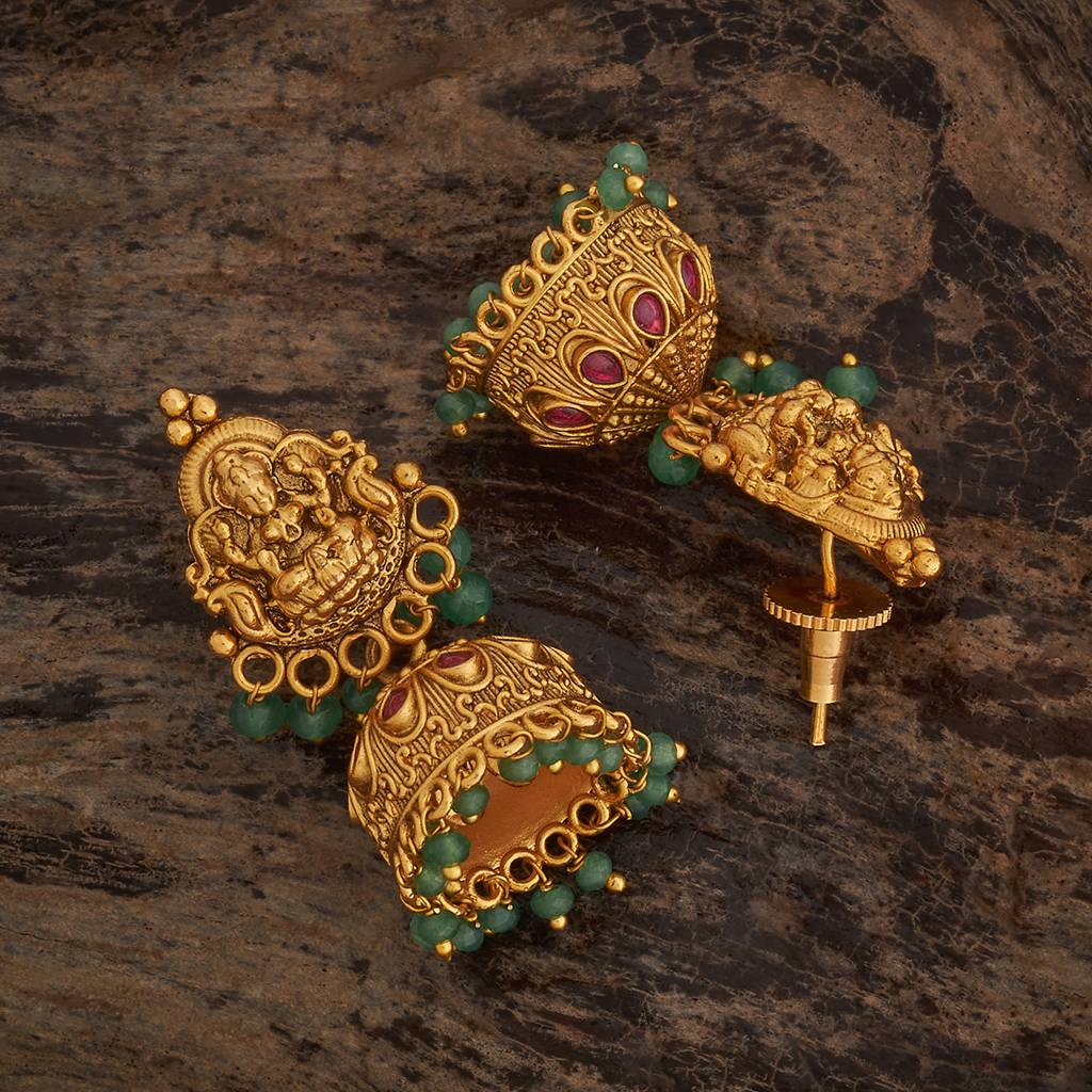 Kushal'S Fashion Jewellery Ruby-Green Gold-Plated Ethnic Antique Jhumkas-181154 : 433131