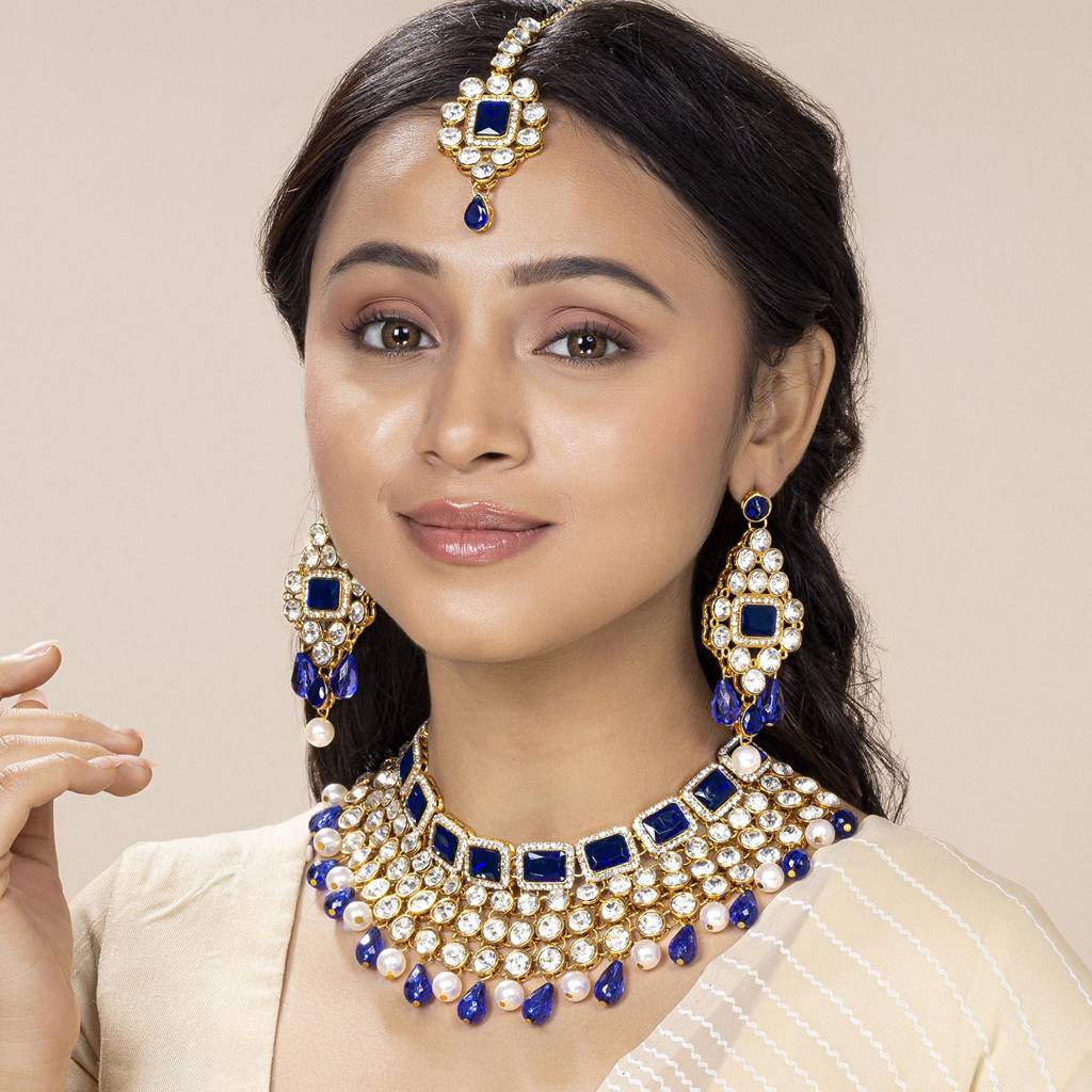 Crystal Choker Necklace With Maang Tikka Earrings Indian Traditional Bridal Wedding Jewellery Set For Women Girls- : PF25N708B