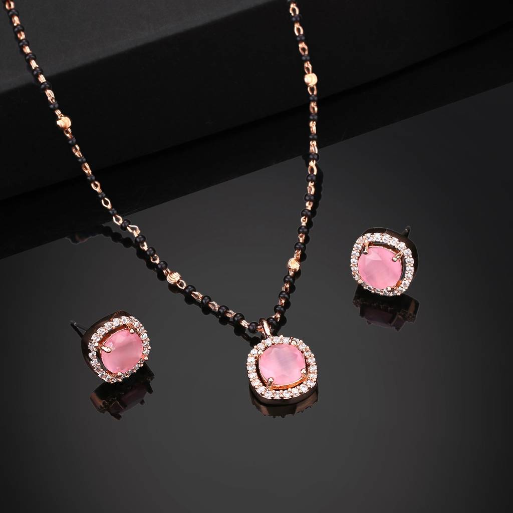 Estele Rose Gold Plated Cz Dazzling Mangalsutra Necklace Set With Mint Pink Stones For Women : ADMS037-RGMPNKER