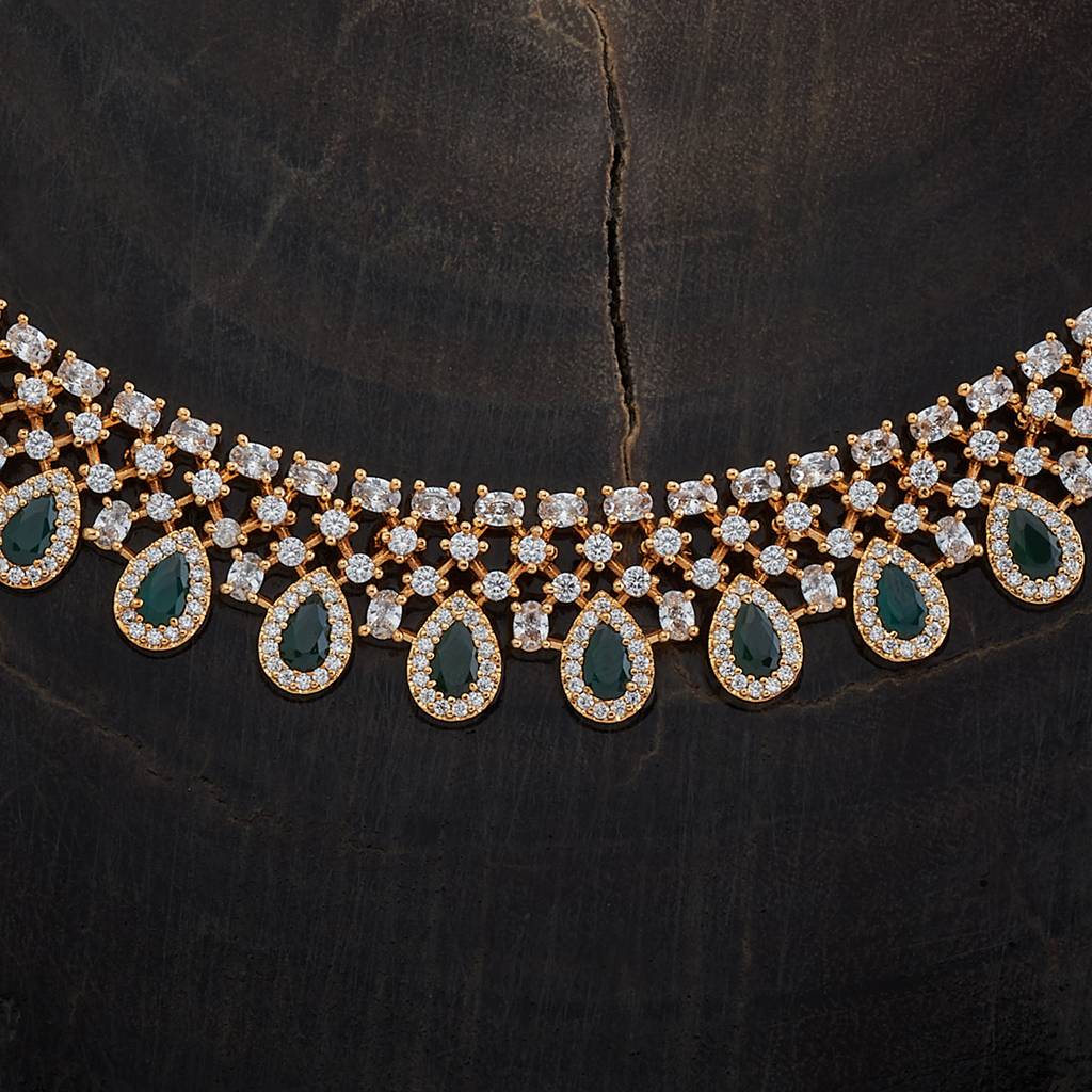 Green Gold-Plated Party Zircon Necklace Set-409933 : 409933