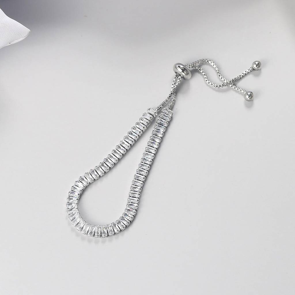 Silver Plated White Baguette Stone Studded Adjustable Tennis Bracelet Stylish Fashion Jewellery For Women & Girls : PX8B80S