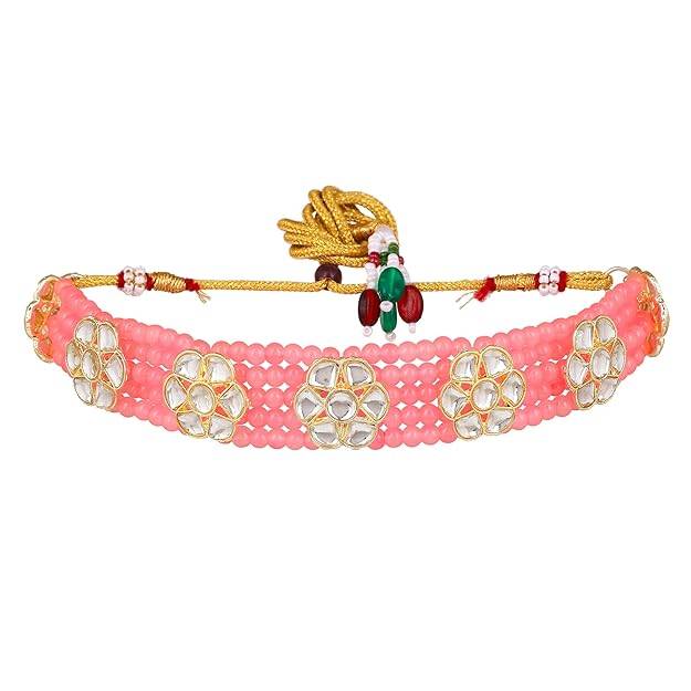 Estele Gold Plated Elegant Gehena Necklace Set With Mint Pink Beads For Women : PJ-027-IGMPNKER