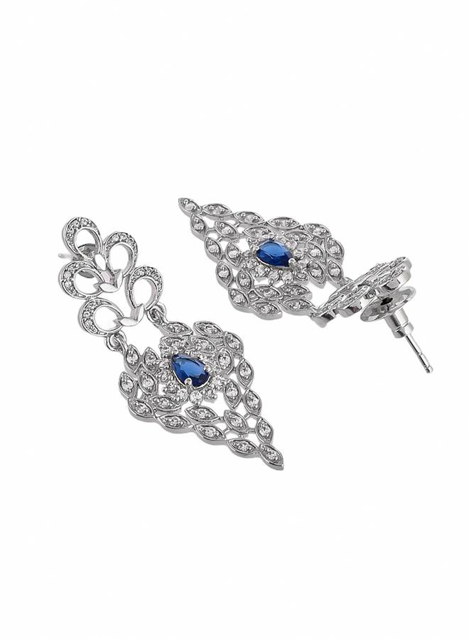 Peacock Royal Blue And White Cz Cutwork Design Waterfall Jewellery Set : 8905124514759