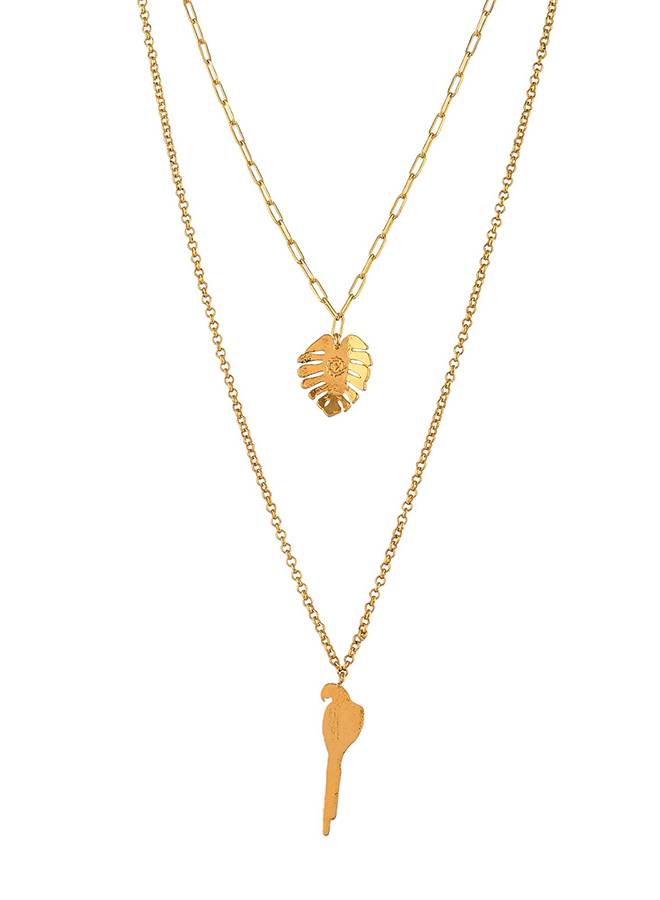 Voylla Hawaii Double-Layered Monstera And Tropical Bird Necklace : 8905124521702