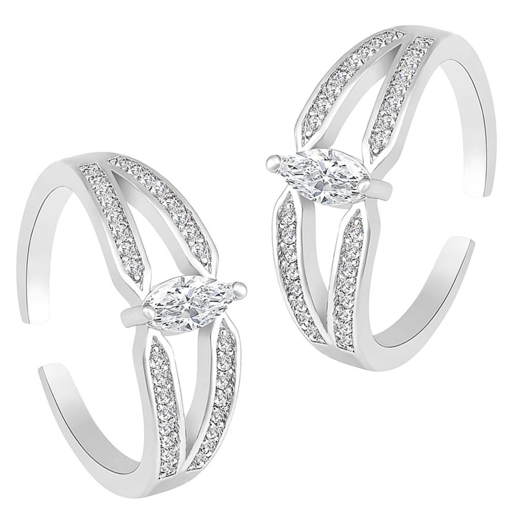 Silver Plated White Cubic Zirconia Studded Fancy Toe Ring Adjustable Bichiya Fashion Jewellery Gift For Women & Gi : PF30TR22S