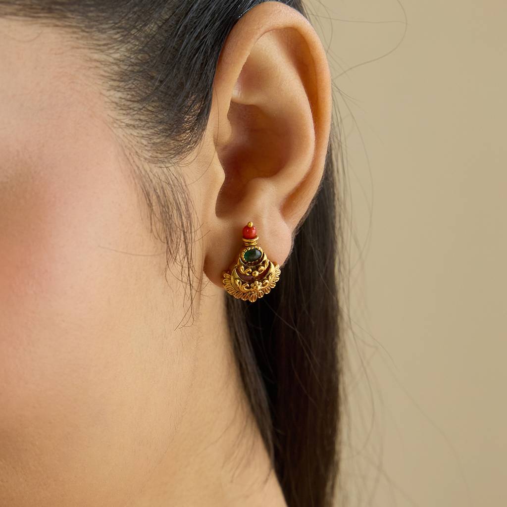 Kushal'S Fashion Jewellery Green Gold-Plated Ethnic Antique Studs-436317 : 436317