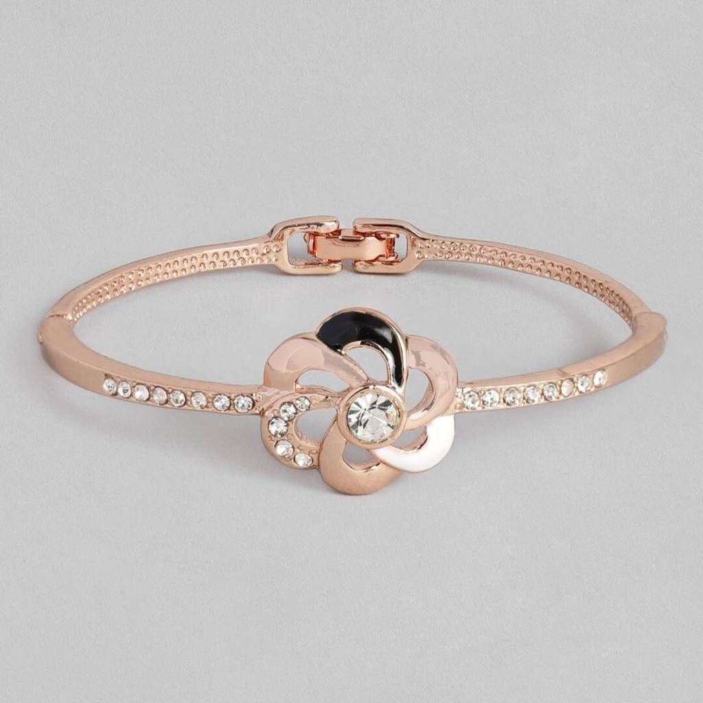 Estele Rosegold Plated Flower Designer Cuff Bracelet With Black, White Enamel & Crystals For Women : 101871BR