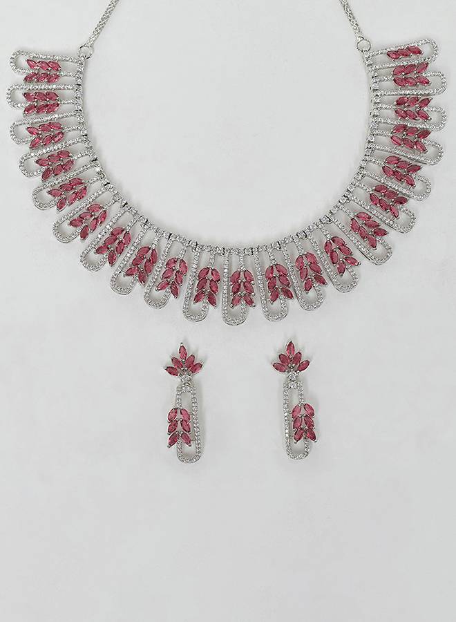 Red And White Cz Gems Silver Plated Necklace Set : 8905124453355