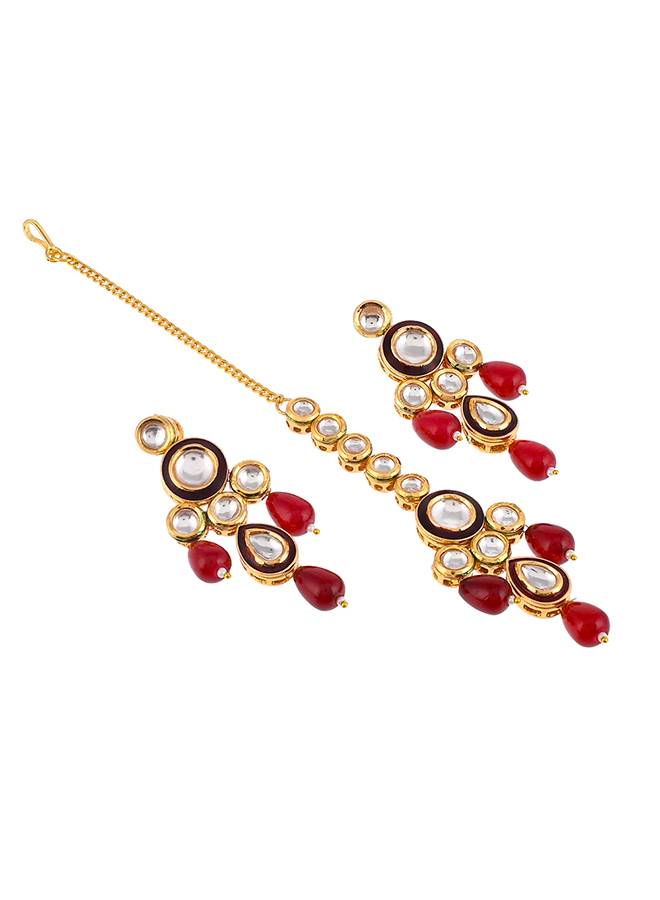 Kundan Elegance Round Cut Gems Beaded Maang Tika Set : 8905124477139