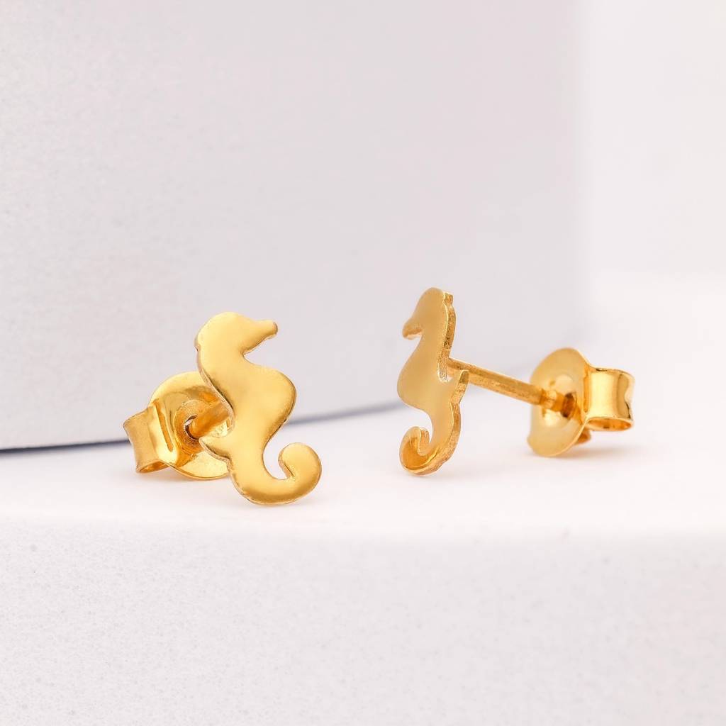 925 Silver Seahorse Stud Earrings Â Cute Ocean Theme Yellow Gold Finish Jewelry : SE_000643