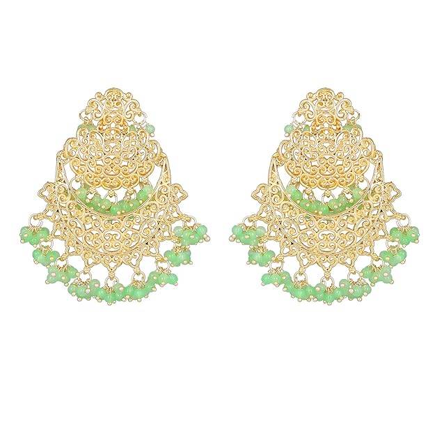 Estele Gold Plated Trellis Gehena Chandbali Earrings With Mint Green Beads For Women : PJ-007-IGMGER
