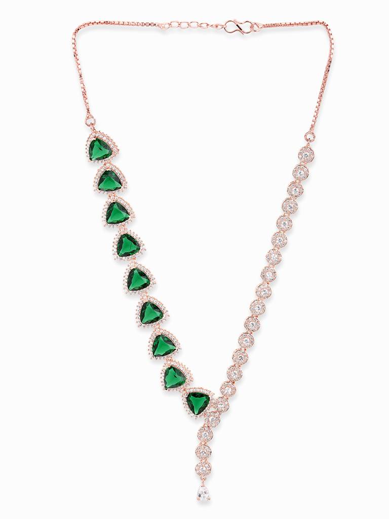 Cz Rose Gold Plated Pearl Brass Necklace Set With Green Stone : 8905124435689