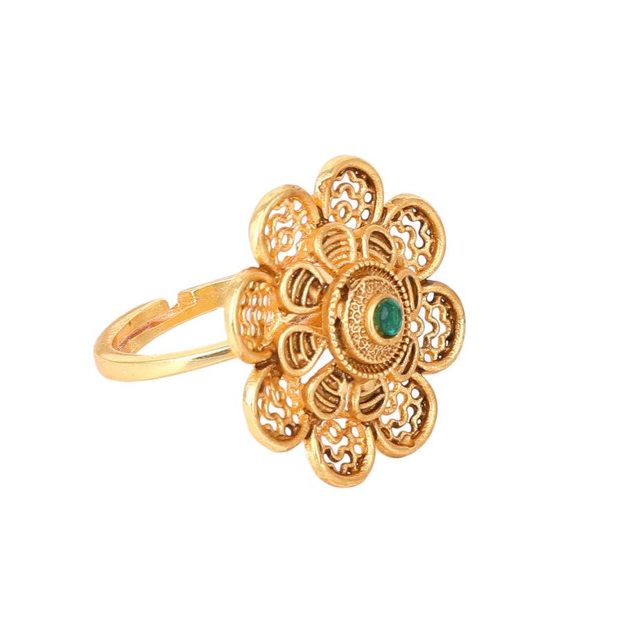 Estele Gold Plated Blossom Matte Finish Finger Ring With Green Crystals For Women : AD-149-IGGNRING