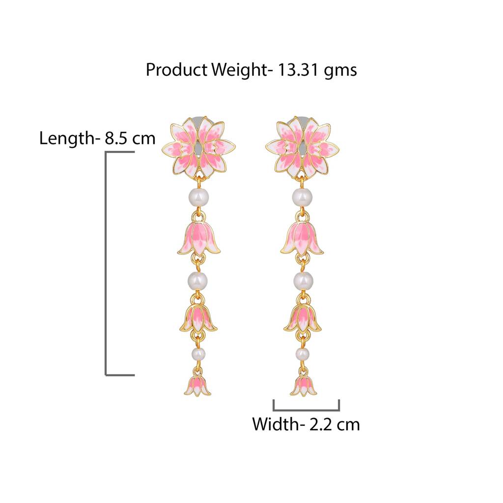 Estele Gold Plated Pink Enamel Lotus Designer Pearl Beaded Dangler Earrings For Girl'S & Women : 799708-IGER